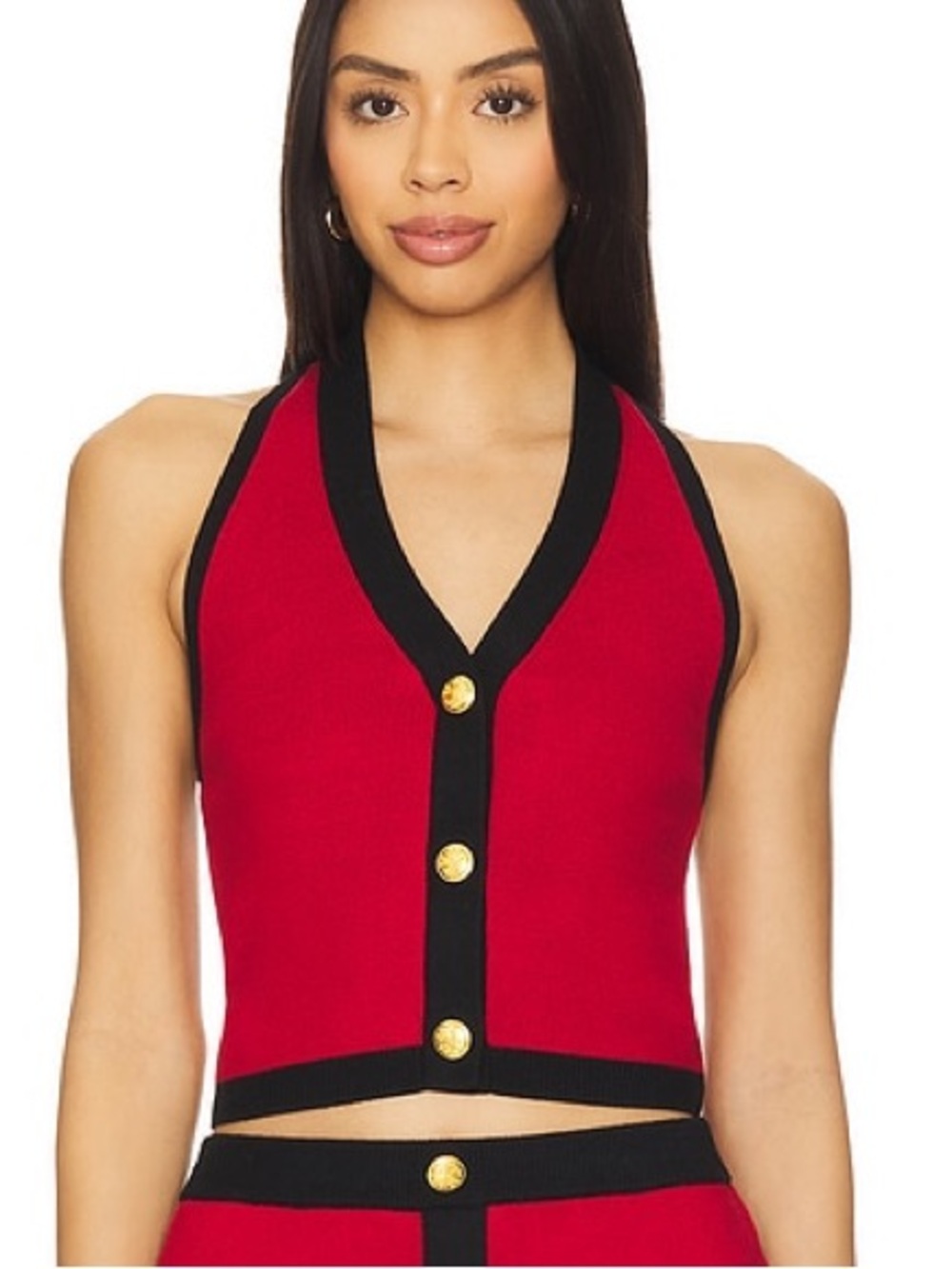 New MAJORELLE Red Halter Crop Top with Black Trim and Gold Buttons small